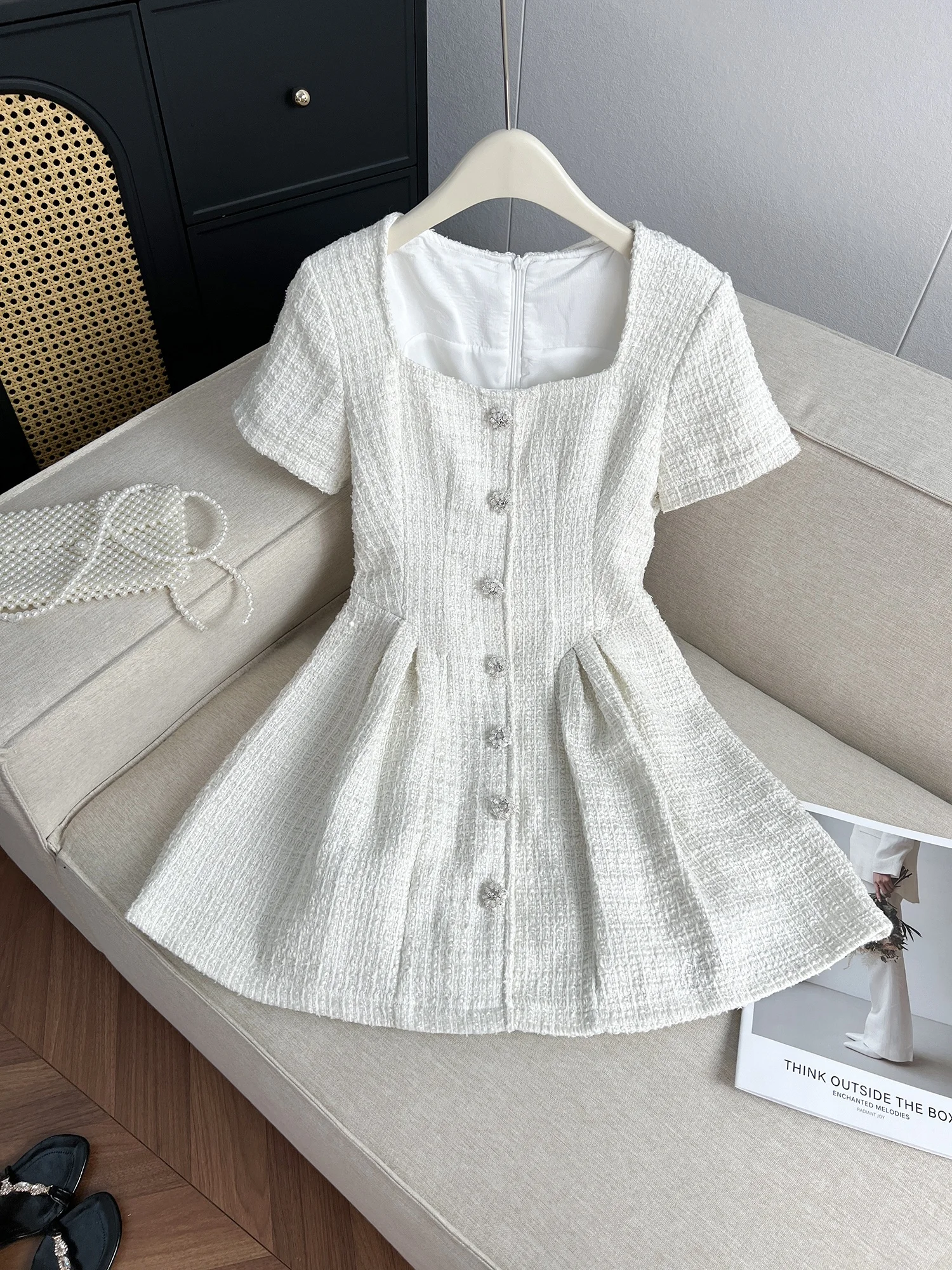 Ele Simple Square Collar Single Button ort Sve Waist Cinched Dr Faionable Summer New Arrival Lady's Dr