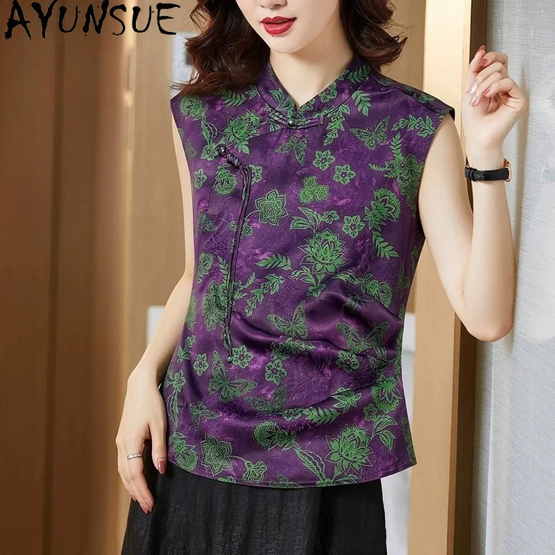 AYUNSUE 100% Mulberry Silk Tops for Woman Xiangyunsha Chinese Style Sleeveless Women Tops Printed Autumn Clothes 2026 Ropa Mujer
