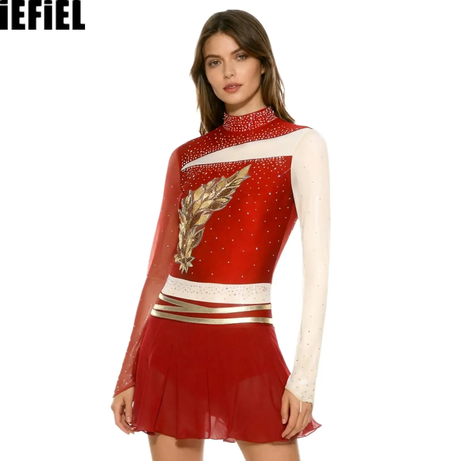 

Womens Dance Leotard Dress Embroidered Applique Rhinestones Long Sleeve Built-in Briefs Color Blocking Figure Skating Dress