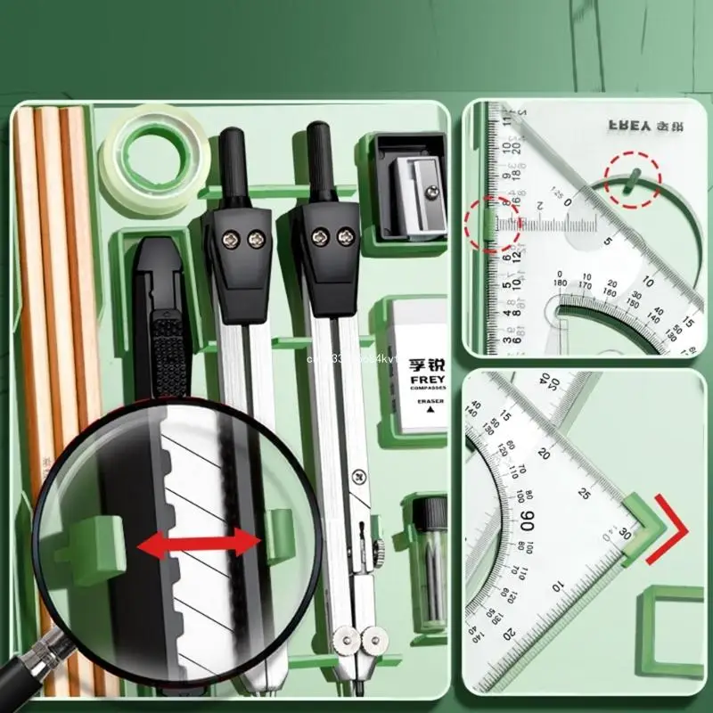 Zestaw geometrii Szablon rysunku Kompas, zestaw kątomierza przezroczystym pudełkiem do przechowywania Dropship