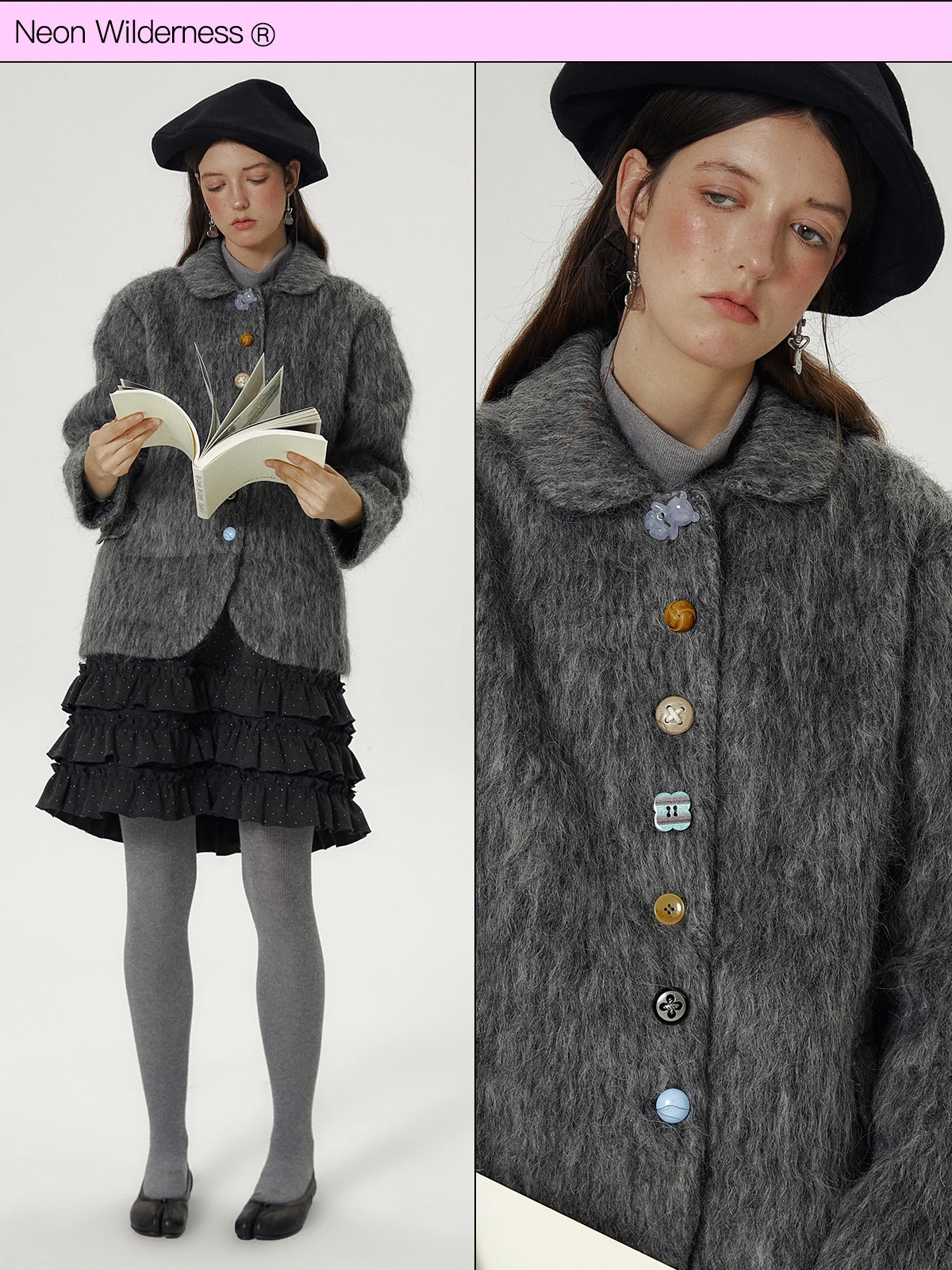 

Neon Wildern Long Hair Texture ey Suit Coat Button Outerwear Women's Wool Blend Winter Faion Jaet