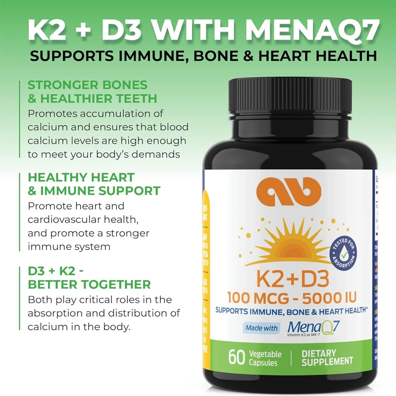 Vitamin D3+K2 (MK7) Supplement - Teeth and Bone Strength, Heart Health, Immune System Support -60 Vegetarian Capsules