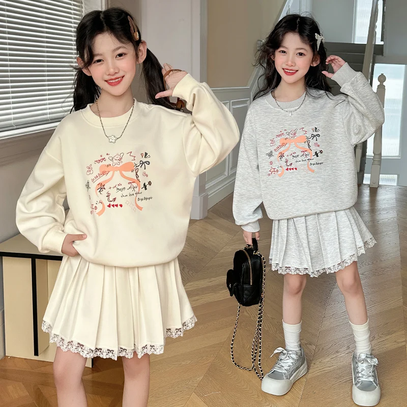 apricot gray teenr girls JK clothes set cotton Bow tie hoodie+lace pleated skirt 2pcs junior kids skirts suit child outfits 4-14