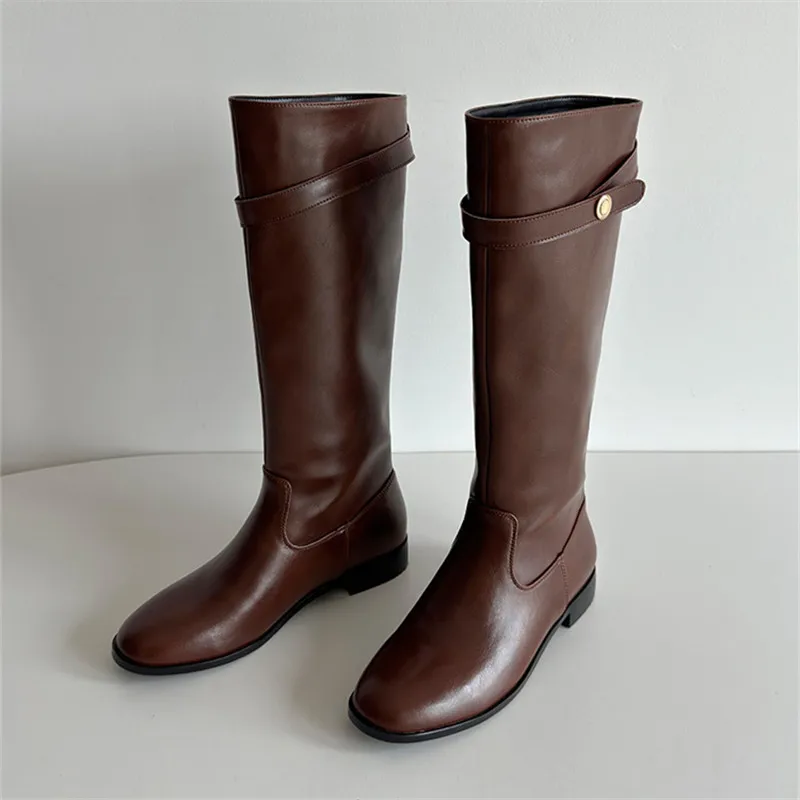 

Women Round Toe Knee High Boots for Woman's Slip-On Low Heels Buckle Strap Long Botas Mujer 2026 Fashion Ladies Knight Boots