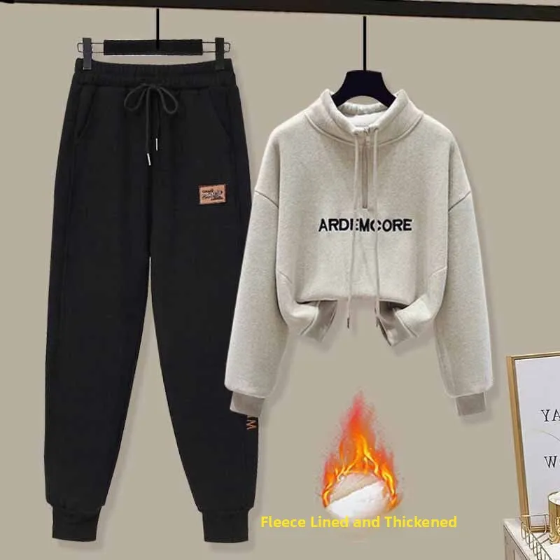 

Женский спортивный комплект: толстовка на флисовой подкладке и брюки, осенне-зимний, теплый, с воротником-стойкой, из двух частей, повседневный, удобный, на молнии