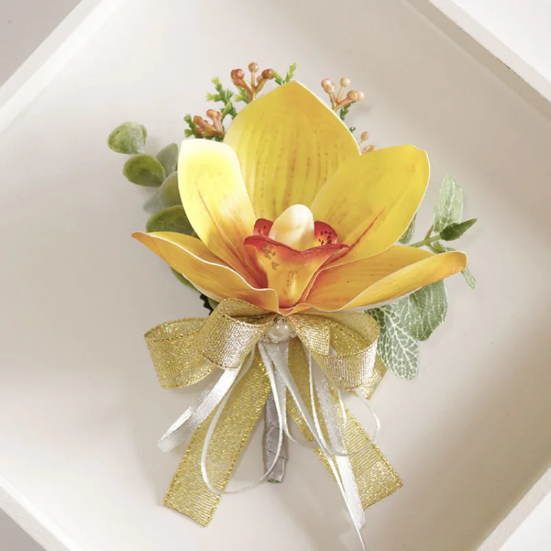 สีเหลืองประดิษฐ์ Boutonnieres ดอกไม้ข้อมือ Corsage แต่งงานอุปกรณ์เสริม Homme งานแต่งงาน Deco