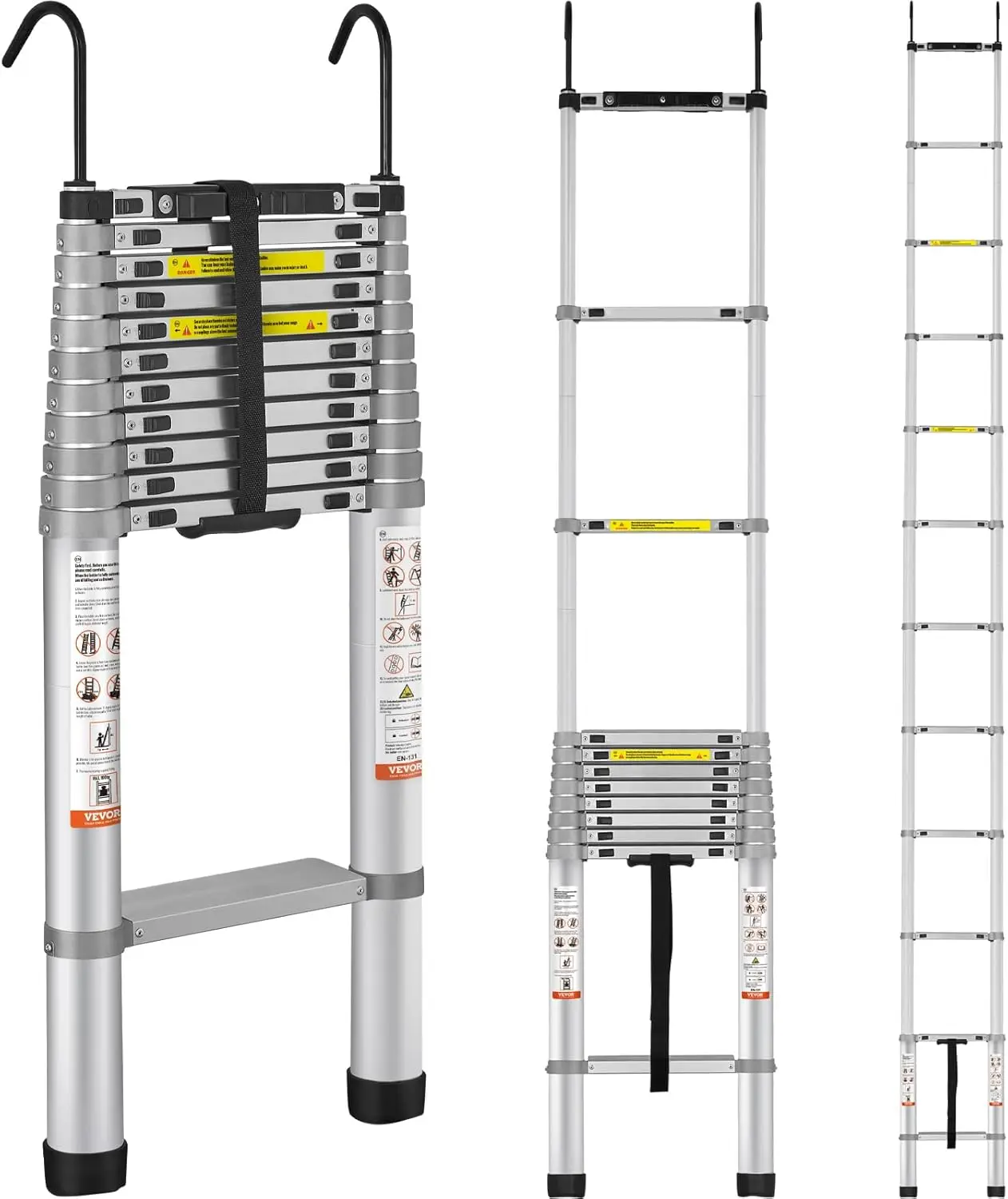 Telescoping Ladder, 15 FT Aluminum One-Button Retraction Collapsible Extension Ladder, 400 LBS Capacity with Non-Slip Feet, Port