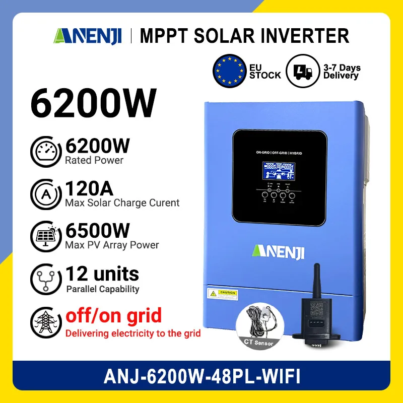 ANENJI Driefasige 18,6KW Hybride Solar Inverter 48V 220/380VAC 6,2KW 48V Enkelfasige Zuivere Sinusgolf Parallel Inverter 120A Solar Charger PV 60-500VDC met CT