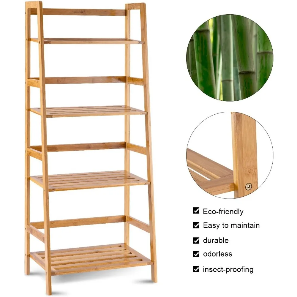47.5'' Natural Bamboo Ladder Shelf, 4-Tier Multifunctional Storage Rack for Plants, Books, and Decor