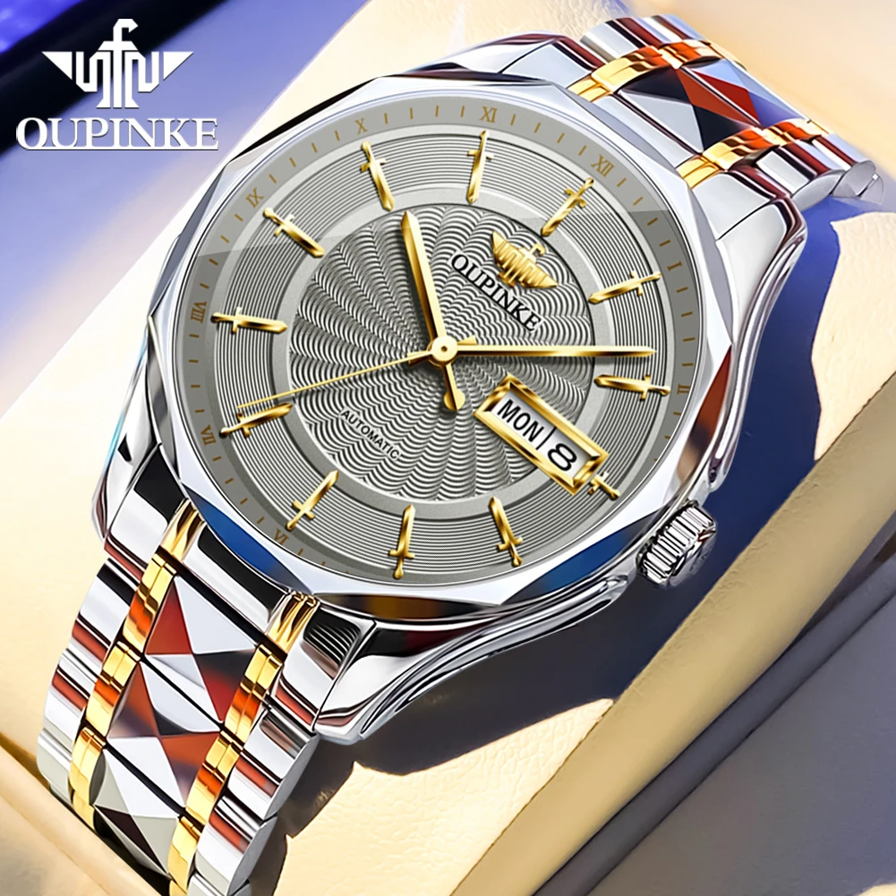 

OUPINKE Men's Watches Luxury Fashion Tungsten Steel Original Automatic Mechanical Watch for Man Waterproof Luminous Date Week