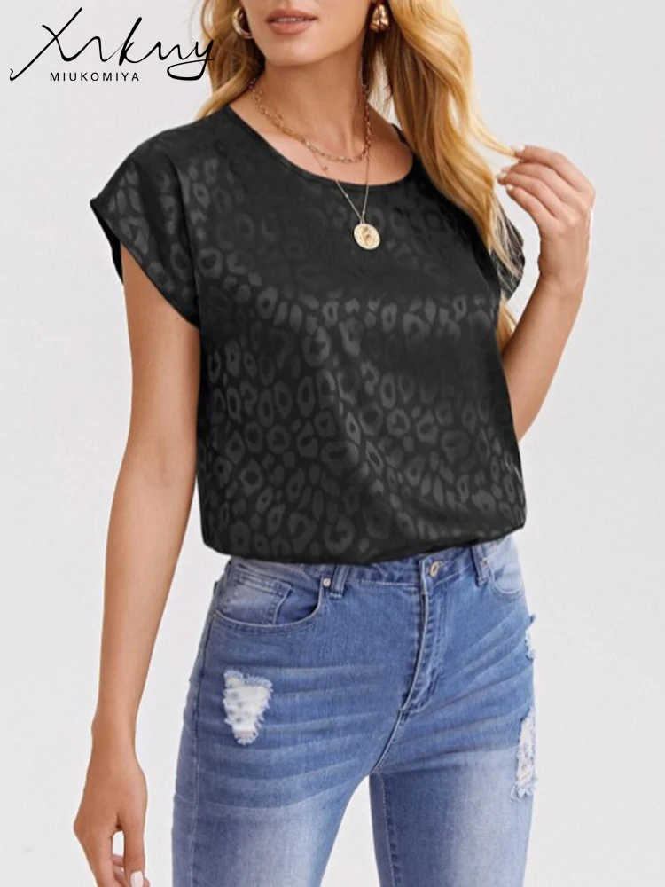 MiuKoMiYa Silk Thin Short Sleeve Woman Summer Clothes Elegant Black Tops Solid Loose Casual Office Lady Shirts Leopard print