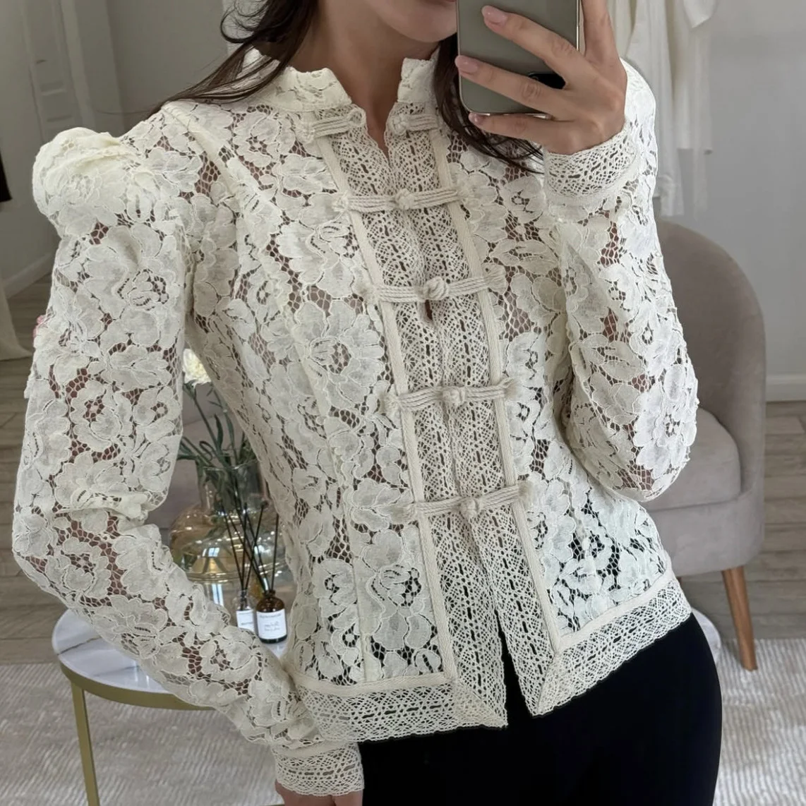 

Faionable Lace Hook Design Sensation irt Women's Slim Fit Stand Collar Commute Sle Long Sve Pure Color Spring Summer