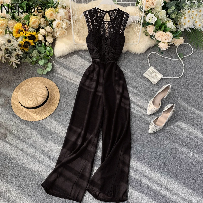 

Neploe Jumpsuit Female High Waist Hip Wide Leg Bodysuit Patchwork Lace Sexy Hollow Out Sleeveless Summer Playsuits Temperament