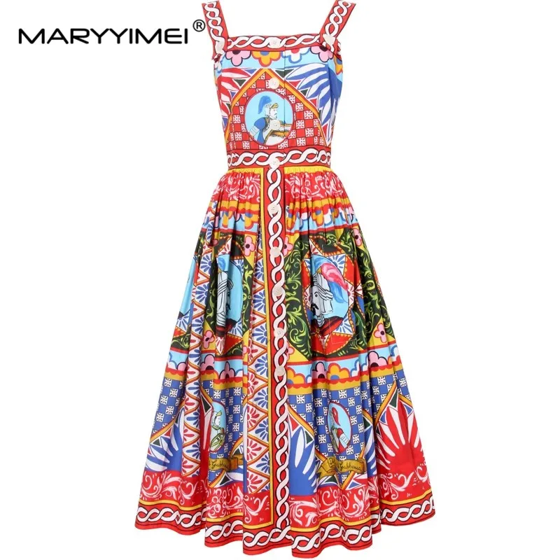 MARYYIMEI Fashion Summer Cotton Women's Dress Single breasted Spaghetti Strap Vintage Print Cotton Dresses