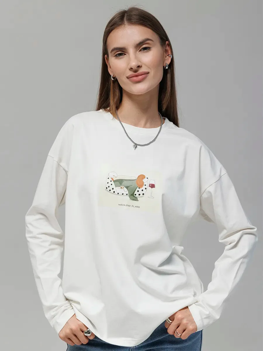 

Футболка женская из 100% хлопка с длинным рукавом, с милым принтом, весна-осень 2026, базовый слой, графический дизайн