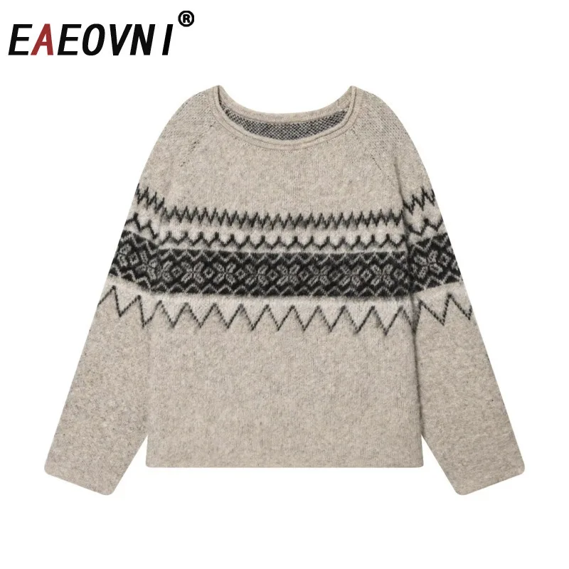 

EAEOVNI Vintage Knitted Pullover Sweater Women Fashion O Neck Long Sleeve Contrast Color Blouse Tops Casual Autumn Winter New