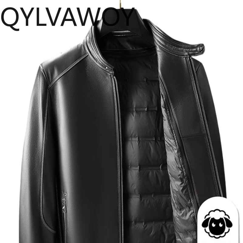 

QYLVAWOY 2025, новая зимняя мужская куртка из натуральной кожи, высококачественная утолщенная пуховая куртка с воротником-стойкой, верхняя одежда в мотоциклетном стиле LJ2636