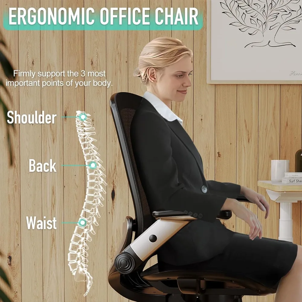 Chaise de Bureau Ergonomique avec Support Lombaire et Bras Rabattables Réglables, Siège Large et Doux, Chaises Ergonomiques à Dossier Haut, Facile à Assembler