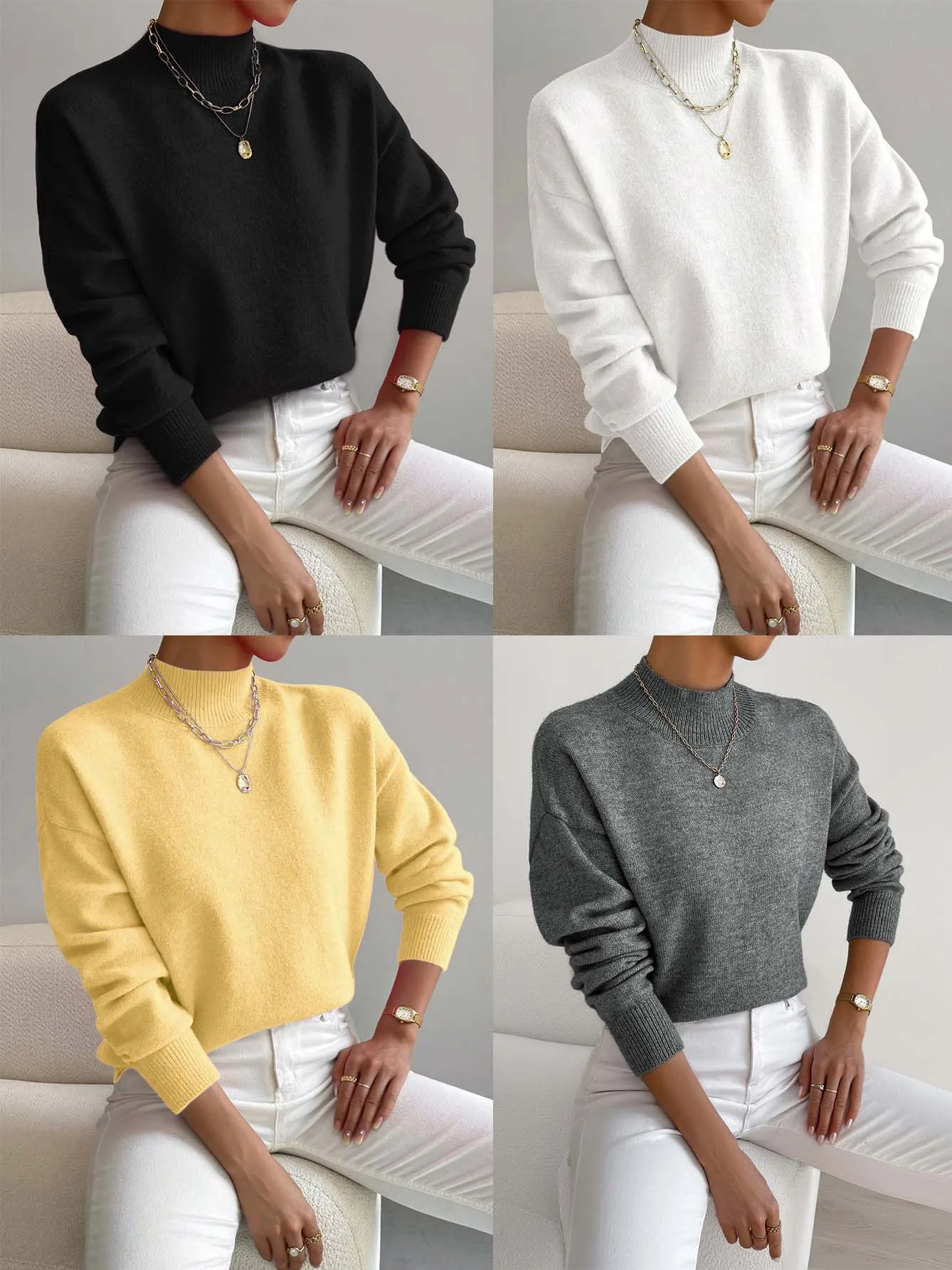 

Casual Sweater Extra-Soft Oversized Chunky-Knit Sweater Mock-Neck Long-Sleeve Ribbed Sweater Solid-Color Warm Cozy Pullover