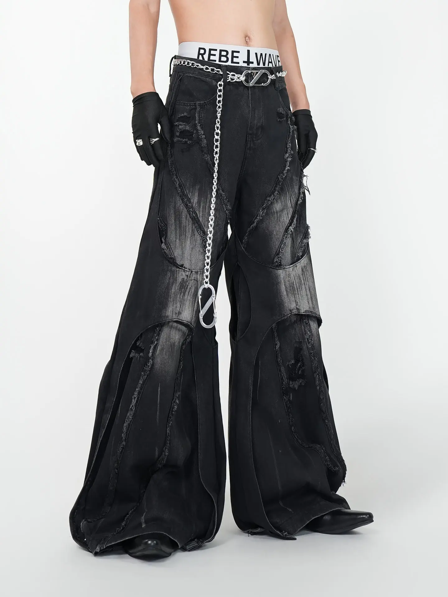 High Street Heavy Industry Damaged Jeans Pants with Waist Chain Men's Water Washed and Used Large Loose Wide Leg Floor Pants