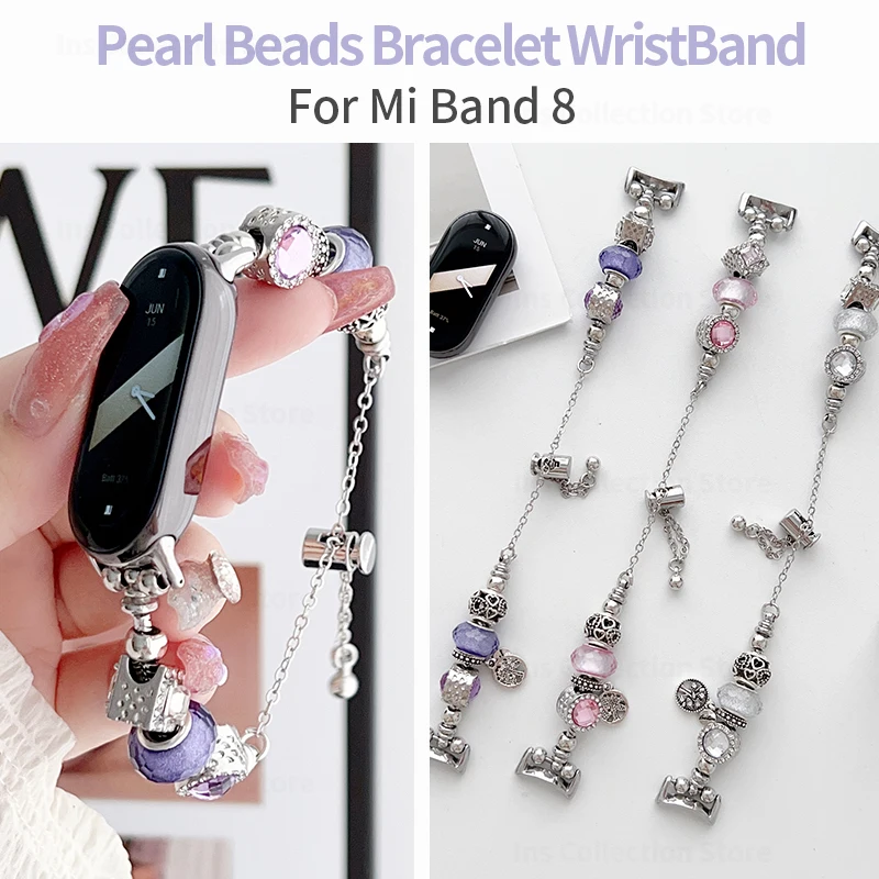 

Pearl Bracelet for Mi band 8 Women Beads Chain Metal Strap for Xiaomi Miband 8 Belt Smartwatch WristBand Replacement Accessories