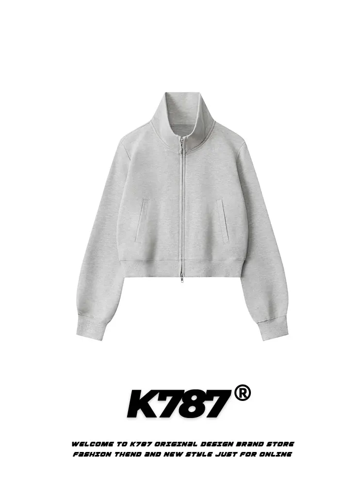 

Куртка-свитшот женская K787 в американском ретро-стиле с воротником-стойкой, однотонная, повседневная, универсальная, приталенного кроя