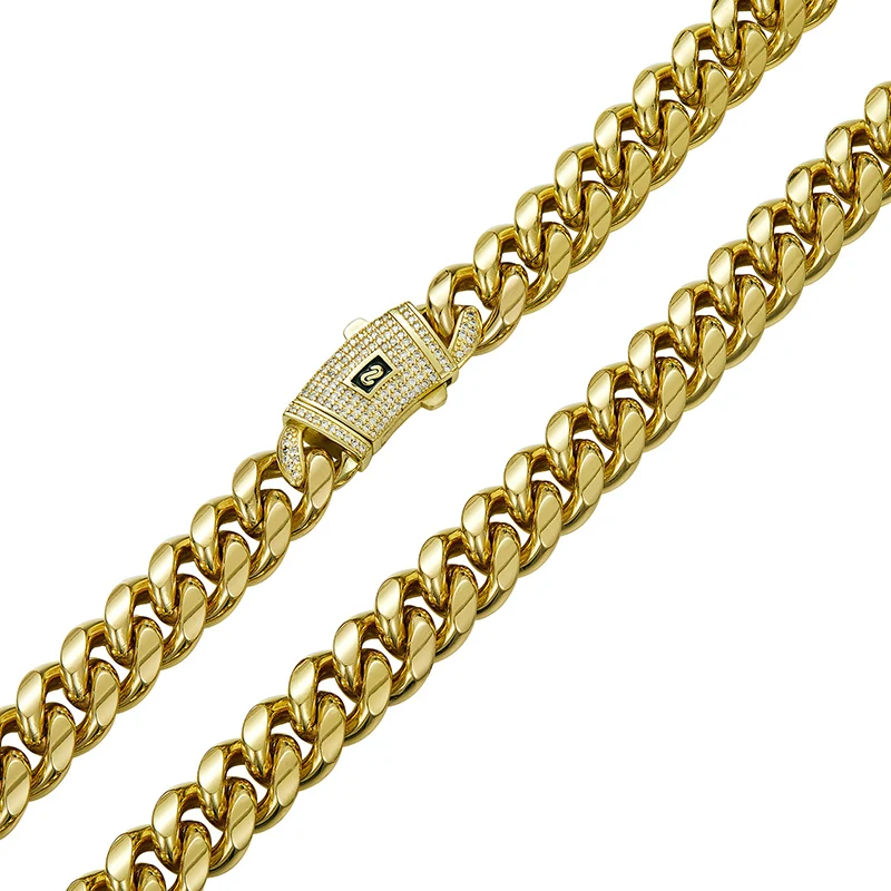 6-14mm Bling Gold Color Stainless Steel Cuban Miami Chains Necklaces CZ Zircon Box Lock Link Chain for Men Hip Hop Rock jewelry