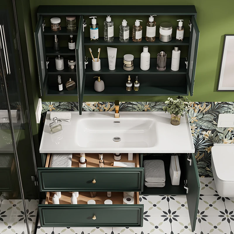 French Dark Green Bathroom Cabinet Combination Excellent Ceramic Cabinet Integrated Basin Rock Basin Banyo Dolabi Furniture