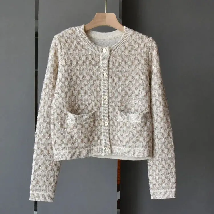 

New 2024 Spring Fashion Cardigan Coats High Quality Ladies Lurex Yarn Knitting Pocket Patchwork Long Sleeve Casual Tops Coat