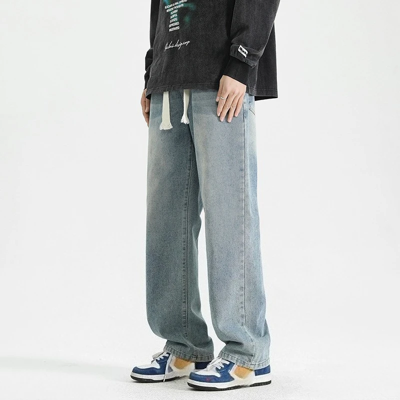 American Vintage 2025, neue Mode für Herren, lässig, trendig, weites Bein, gerade, lockerer Kordelzug, Denim-Hose, männlich, Basic, einfache Jeans