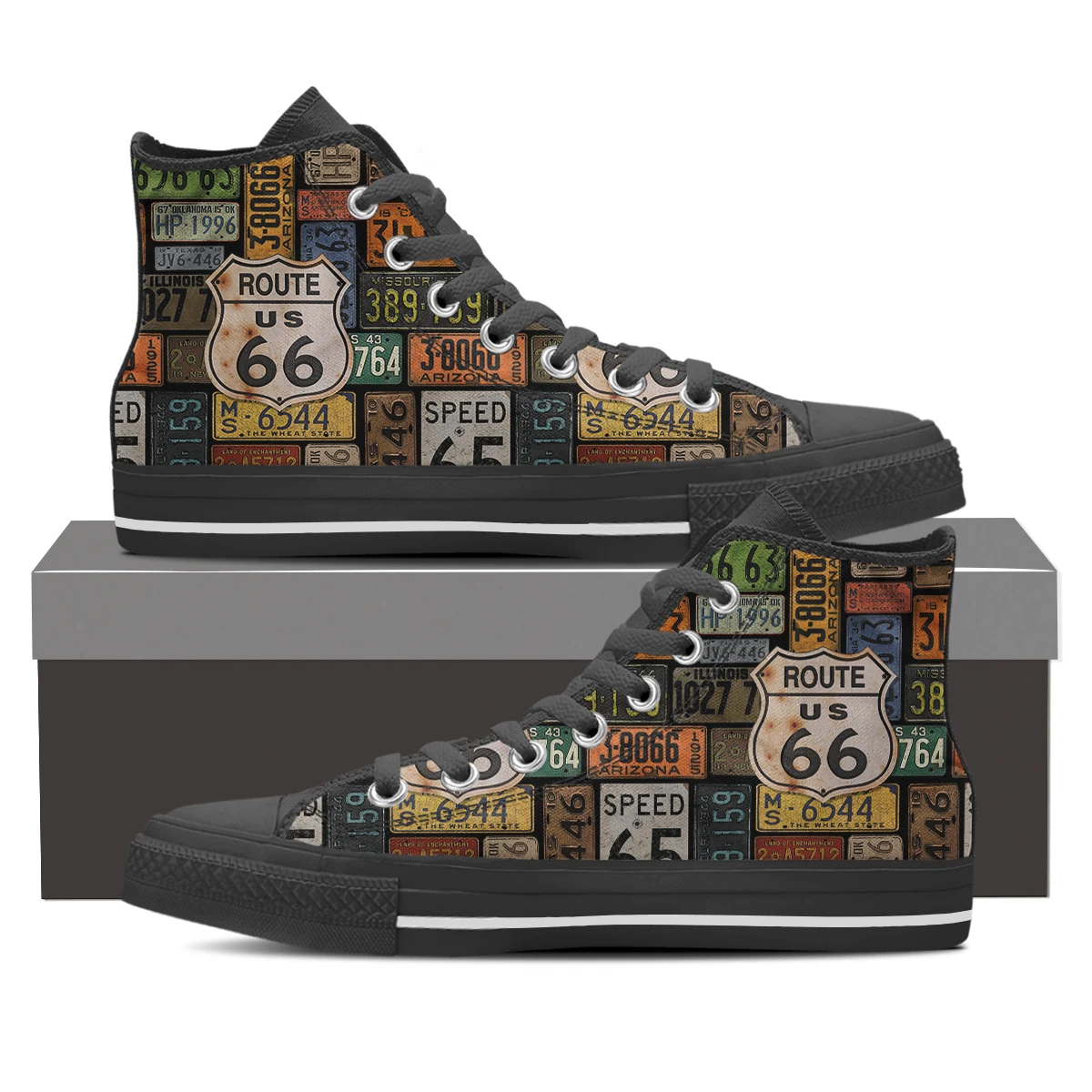 Classic US Route 66 High Top Canvas Shoes Men Breathable Outdoors Walking Sneakers Wild Printing Graffiti Shoes