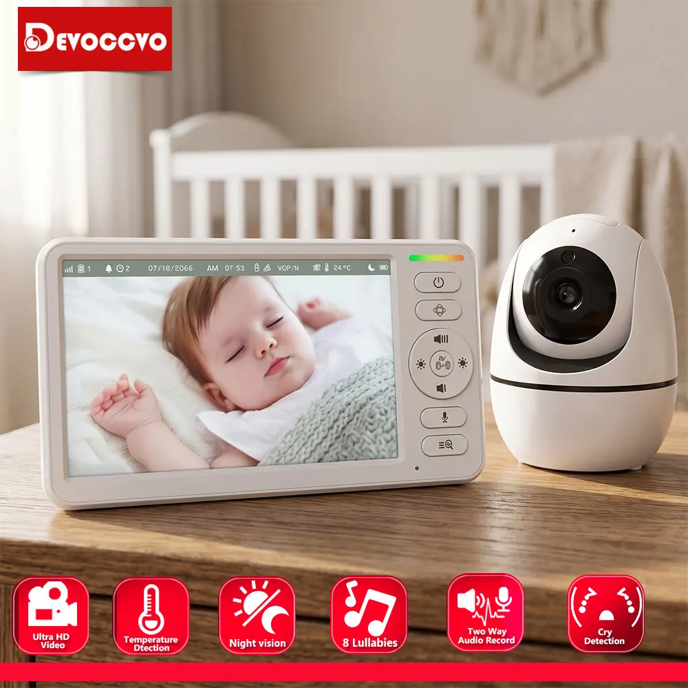 Moniteur bébé 5 pouces avec caméra PTZ, zoom, capteur de température, berceuses, vision nocturne, audio bidirectionnel, caméra de sécurité intelligente pour bébé, veilleuse, rappel d'alimentation, visualisation à distance, longue portée, mode nuit VOX