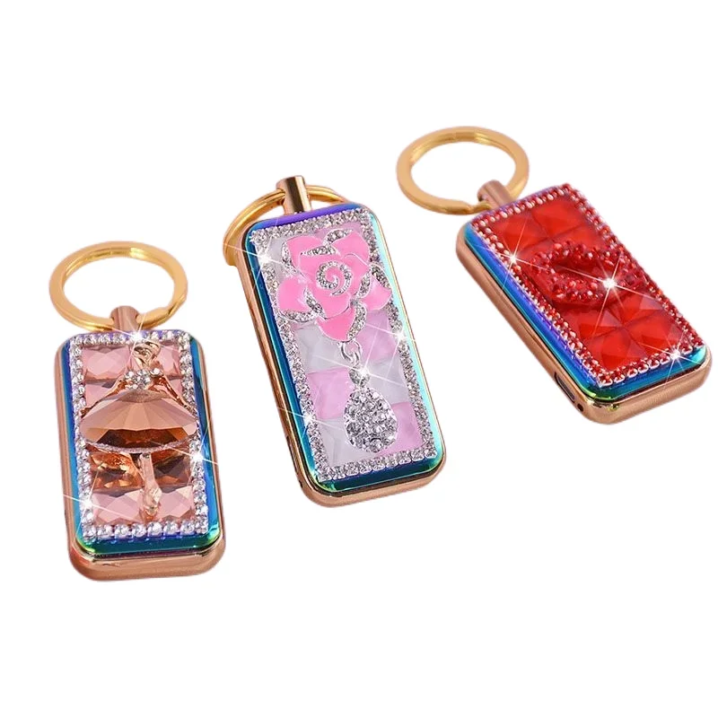 Fashion Rhinestone Lighter USB Rechargeable Lighter Electric Tungsten Cigarette Lighter Special Keychain Lighter Ladies Gift