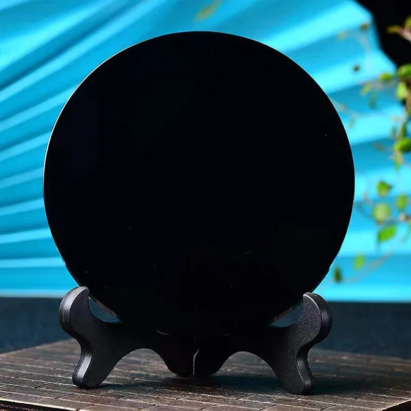 Natural Black Obsidian Scrying Mirror Healing Round Healing Crystal Plate Divination Decor Handmade Craft with Stand for Bedroom