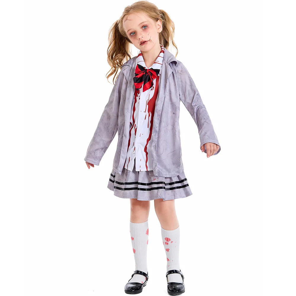 Terreur Bloedige Zombie Kostuum Student Pak Voor Jongens Meisjes Horror Enge Vampier Halloween Purim Carnaval Feest Cosplay Fancy Dress