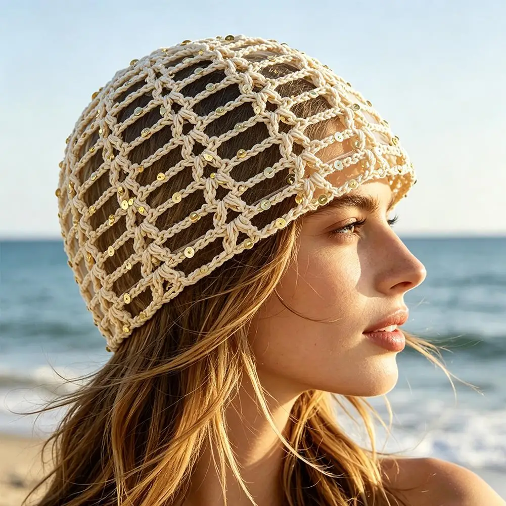 2026 New Korean Version Y2K Sequined Hollow Pullover Hat For Women Fashion Breathable Summer Shiny Fishnet Crochet Hat