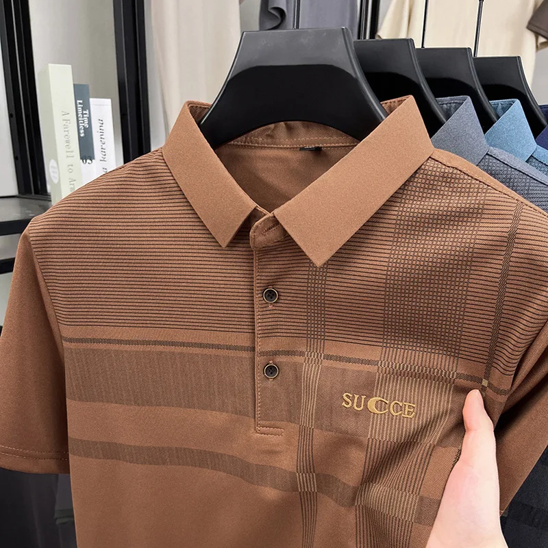 

Мужская рубашка-поло с короткими рукавами, футболка с лацканами, повседневная рубашка с короткими рукавами, свободная и универсальная повседневная мужская одежда из ледяного шелка