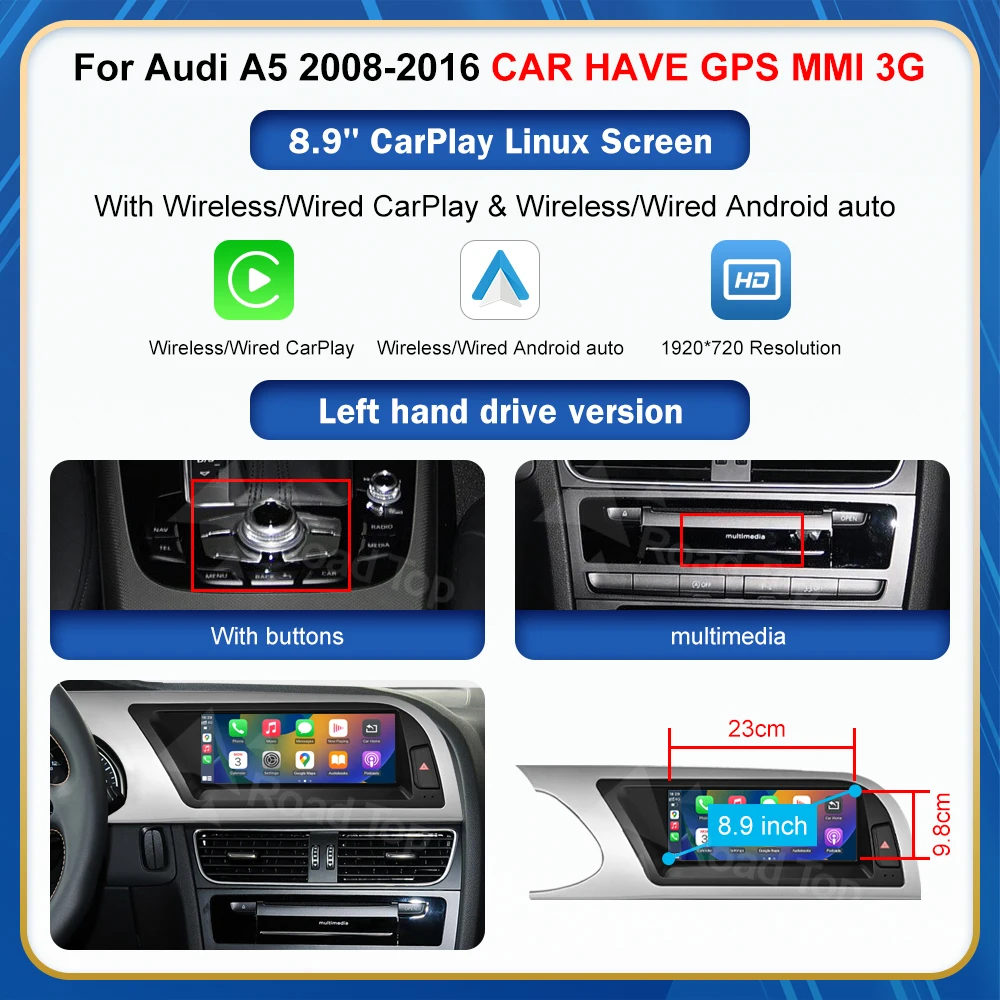 8.9 Inch 12.3 ''Touch Display Voor Audi A5 S5 2008-2016 GPS Carplay Scherm Auto Spelen Multimedia speler Andriod Auto Link