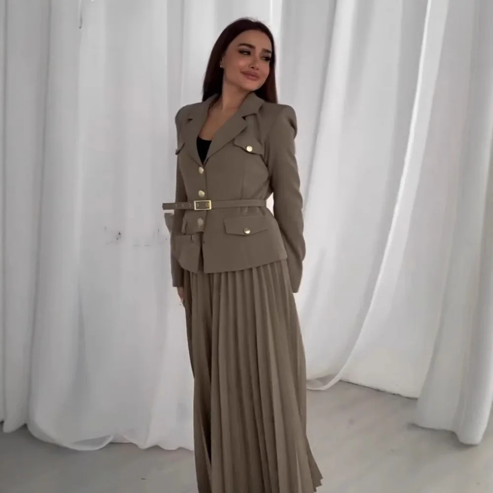 

Плиссированная юбка, комплект из 2 предметов, женский пиджак, пальто, длинные юбки, костюм с поясом, однобортный топ, Дубай, исламский ансамбль, 2025 мусульманская одежда