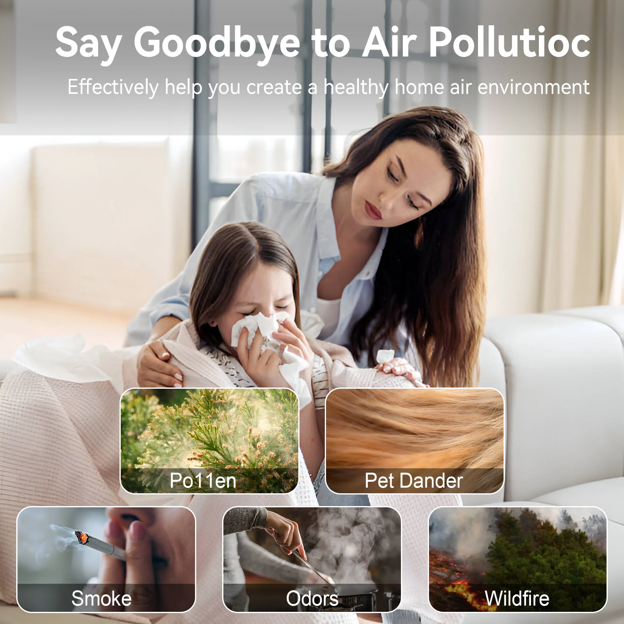 Smart Home Personal Air Purifier for Large Rooms 99.97% Efficient Removal Smoking Odors Pet Hair HEPA Negative Ion Filters