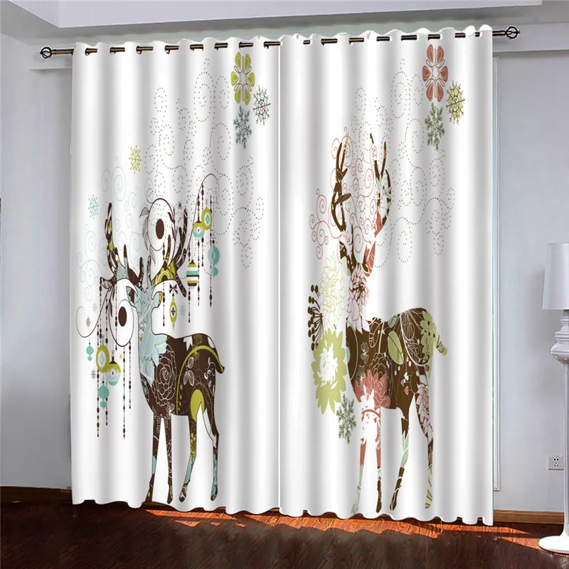 HUANZHUANG Curtains For Window Colourful Elk Prints 3D Modern 2 Pieces Fashion Thin Window Curtain For Living Room Bedroom