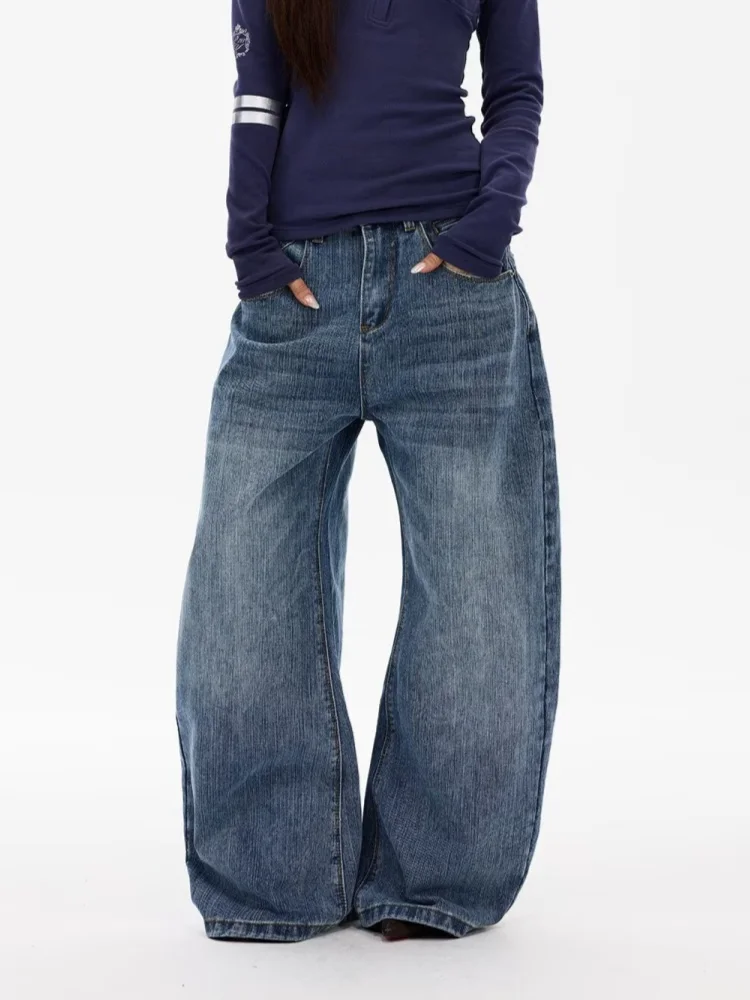2026 Ropa Y2K Fashion Hot Fix Rhinestone Washed Blue Baggy Stacked Women's Jeans Pants For Woman Clothes Wide Leg Denim Trousers