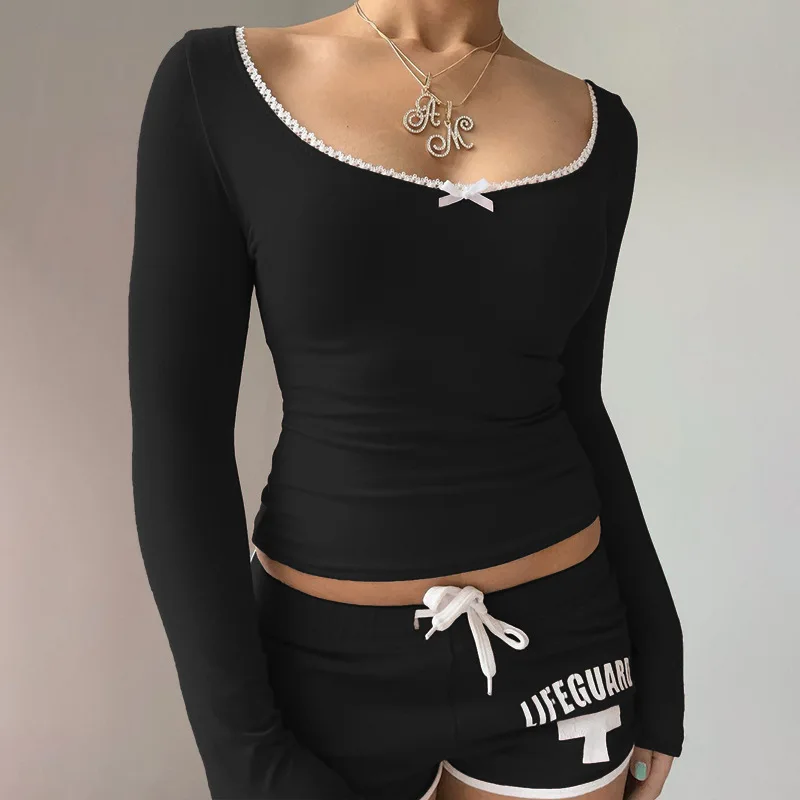 

Women's Autumn Pullover Fashion New Lace Bow Patchwork Solid Long Sleeve Top Vintage Streetwear Casual Female T-Shirts