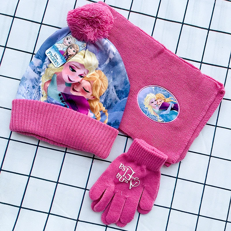 

New Autumn Winter Cute Children Anna Elsa Pink Cartoon Scarf Hat glove three-piece Warm Boy Girl Child hat