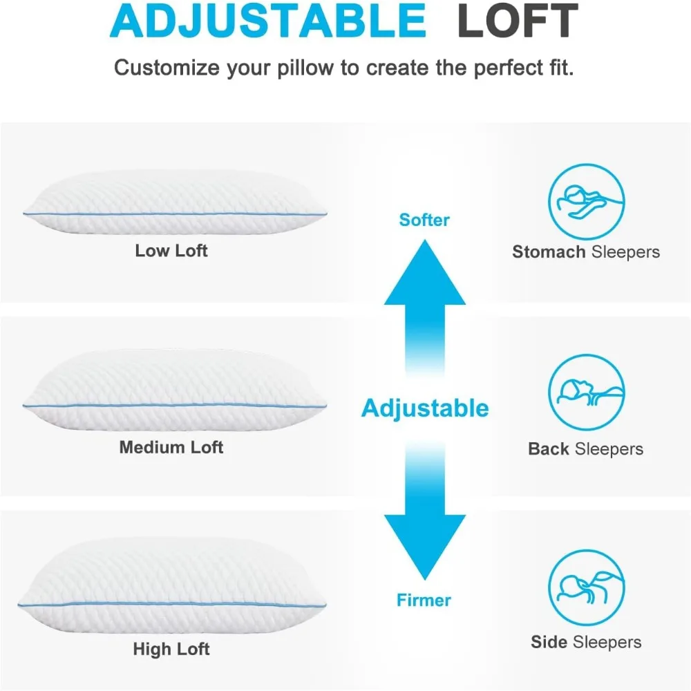 مجموعة وسائد سرير تبريد بحجم كوين مكونة من قطعتين، إسفنج ميموري فوم ممزق لجميع النوم، وسائد جل ثابتة قابلة للتعديل مقاس 20 × 30 بوصة