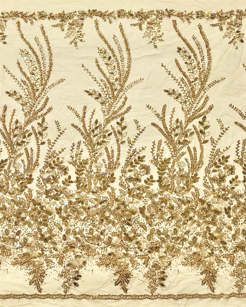

Luxury African Gold Beads Lace Fabric High Quality 5 Yards Nigerian Sequins French Tulle Fabric Material For Wedding Party