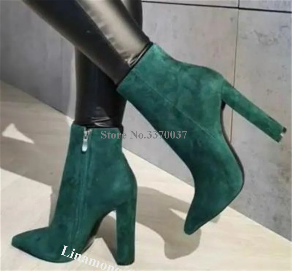 Suede Chunky Hak Korte Laarzen Linamong Vrouwen Elegant Puntschoen Groene Dikke Hak Enkellaarsjes Rits-Up Jurk Hoge hakken