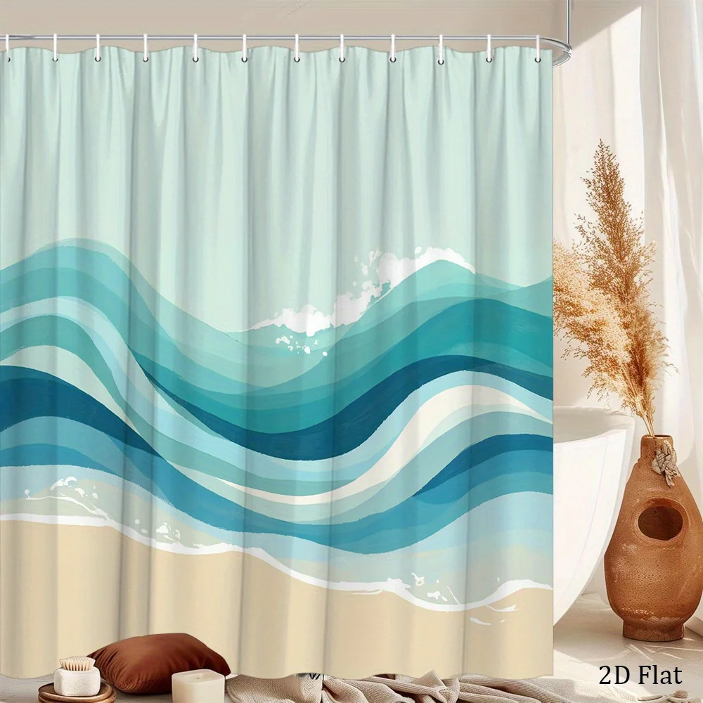 

Ocean Wave Shower Curtain, Blue Teal Beach Print, Waterproof Polyester Fabric Bathroom Decor for Coastal Style Home