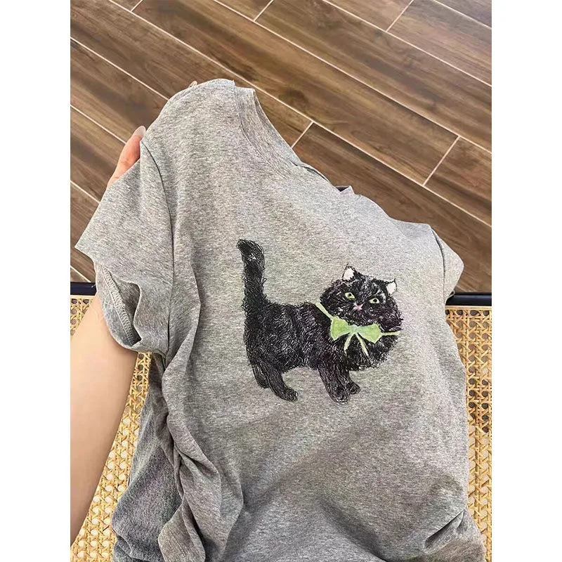 DAYIFUN Cat Printing Women's T-shirt Summer Korean Fashion Style Grey Short Round Neck Girls Top Versatile Short-sleeved Tees