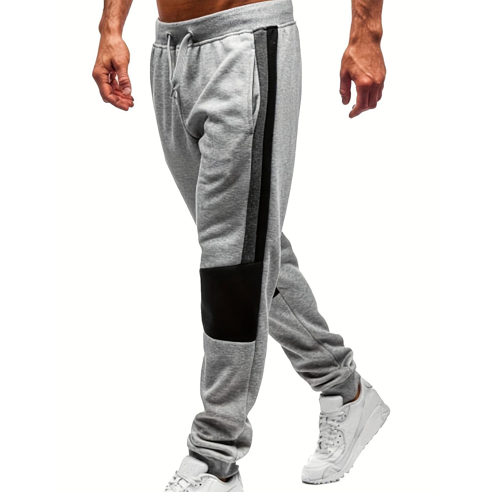 Men's Drawstring Pants with Pockets Stylish Patchwork Mid Rise Leg Trousers Breathable Casual Sweatpants for Spring/Autumn